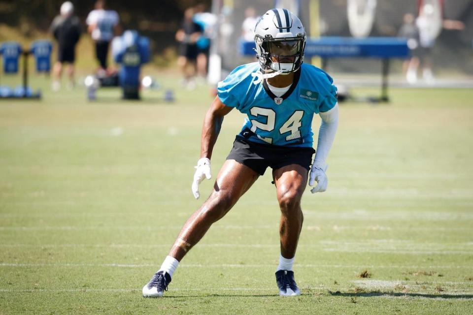 FILE: Carolina Panthers cornerback CJ Henderson (24) runs down field during the teams training camp practice at Wofford College in Spartanburg, S.C., Thursday, July 28, 2022. Alex Slitz/alslitz@charlotteobserver.com