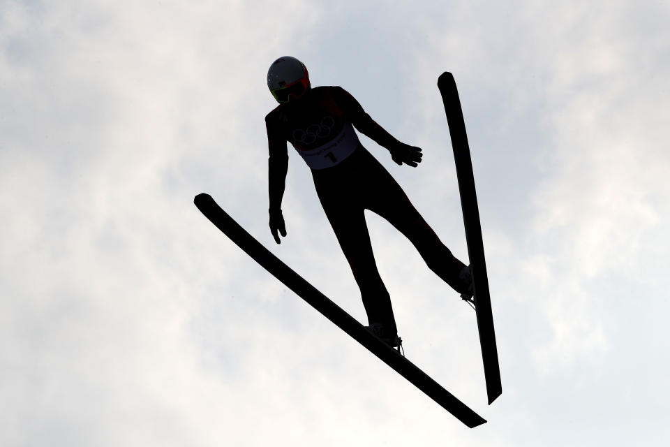 <p>Jasper Good of the United States makes a jump during the Nordic Combined Individual Gundersen Normal Hill and 10km Cross Country on day five of the PyeongChang 2018 Winter Olympics at Alpensia Cross-Country Centre on February 14, 2018 in Pyeongchang-gun, South Korea. (Photo by Clive Mason/Getty Images) </p>