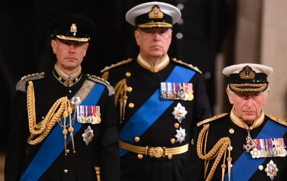 King Charles III, Anne, Princess Royal, Prince Andrew, Duke of York and Prince Edward, Earl of Wessex arrive hold a vigil beside the coffin of their mother, Queen Elizabeth
