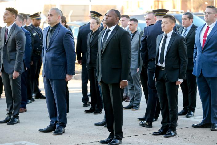 Recruits wait for inspection Jan. 20, 2023, the first day for new recruits at the Police Training Center in Oklahoma City.