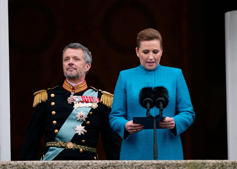 Danish Prime Minister Mette Frederiksen proclaims the accession of the throne from Queen Margrethe to King Frederik X on, Jan. 14, 2024.