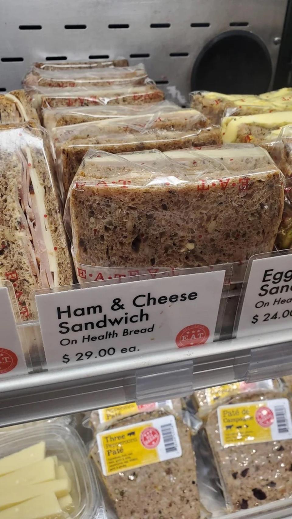 The pre-packed ham and cheese sandwich on “health” bread costs $29 (Reddit (u/mauceri))