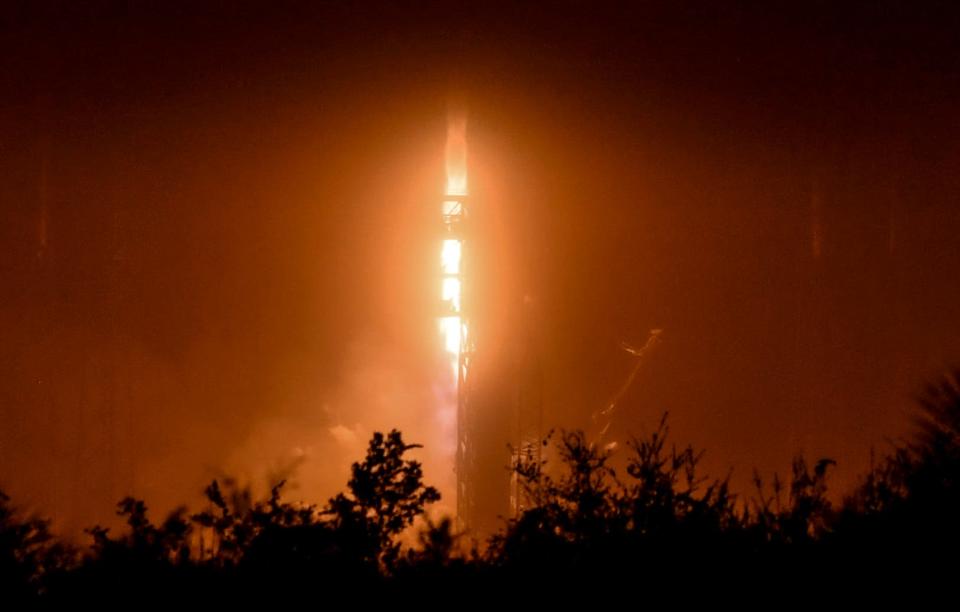 A SpaceX Falcon 9 rocket on another Starlink mission lifts off amid thick fog early Saturday morning from Cape Canaveral Space Force Station.