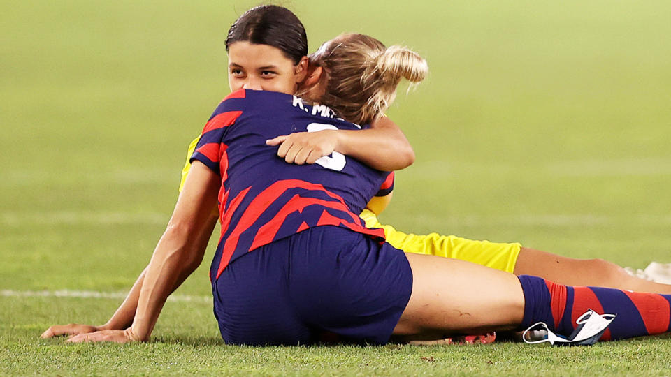 Sam Kerr and Kristie Mewis, pictured here on the pitch after the bronze medal match at the Olympics.