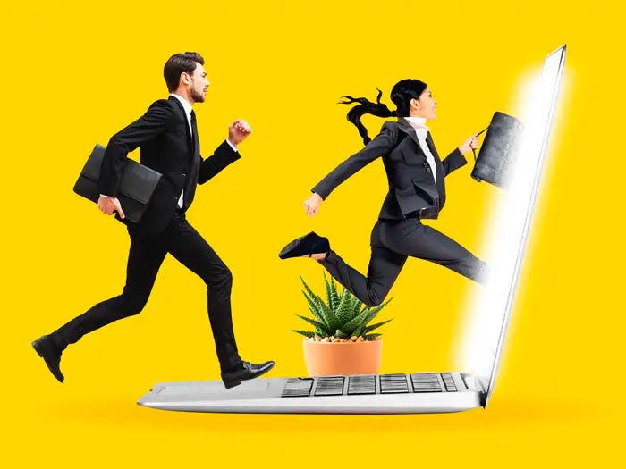 people in suits jumping through computer screen