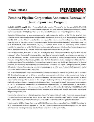 Pembina Pipeline Corporation Announces Renewal of Share Repurchase Program