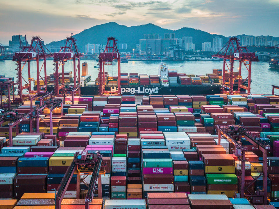 A long exposure drone panorama of the Kwai Chung container port in Hong Kong. (Photo by Marc Fernandes/NurPhoto via Getty Images)