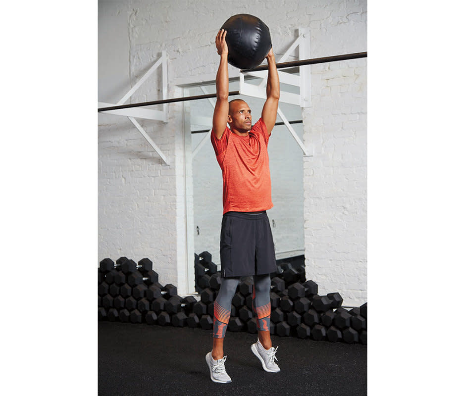 How to do it<ol><li>With knees slightly bent, raise the medicine ball with two hands overhead with arms extended.</li><li>Rise on the balls of your feet and bend at the waist to slam the ball to the ground.</li></ol>