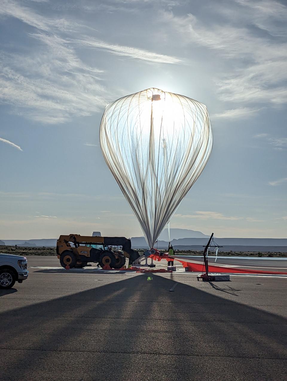 A World View zero-pressure balloon prepares for launch in Page, Arizona, on July 24, 2023, as part of the NASA TechRise Student Challenge.