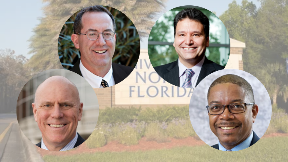 The University of North Florida has revealed its four finalists in the search for the school&#39;s seventh president. Finalists include (from top L, clockwise) Marc Miller, Moez Limayem, David Brennen and David Blackwell.