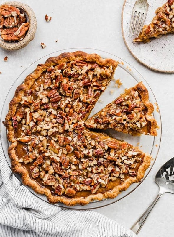 <p>Salt and Baker</p><p>In this praline pumpkin pie, you get the sweet and crunchy pecans and the thick, smooth pumpkin pie all in one bite! </p><p><strong>Get the recipe: <em><a href="https://saltandbaker.com/praline-pumpkin-pie/" rel="nofollow noopener" target="_blank" data-ylk="slk:Praline Pumpkin Pie;elm:context_link;itc:0;sec:content-canvas" class="link ">Praline Pumpkin Pie</a></em></strong></p>