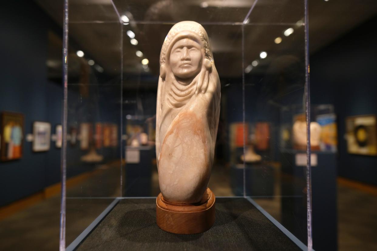 An "Untitled" stone sculpture by by Allie Chaddlesone, who is Kootenai, is on view at the National Cowboy & Western Heritage Museum.