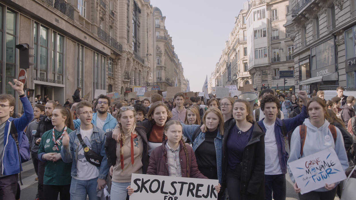 Thunberg leads a rally protesting climate change in the new documentary, 'I Am Greta' (Photo: Hulu)