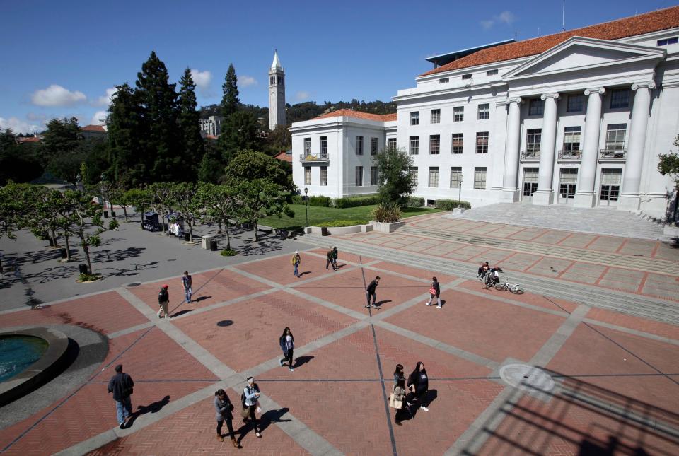Sproul Hall on the campus of the University of California at Berkeley is a symbol of the Free Speech Movement of the 1960s and is still the focal point of student protests more than half a century later.  Sproul Plaza, the red brick walkway in front, has long been a gathering place for Berkeley students.