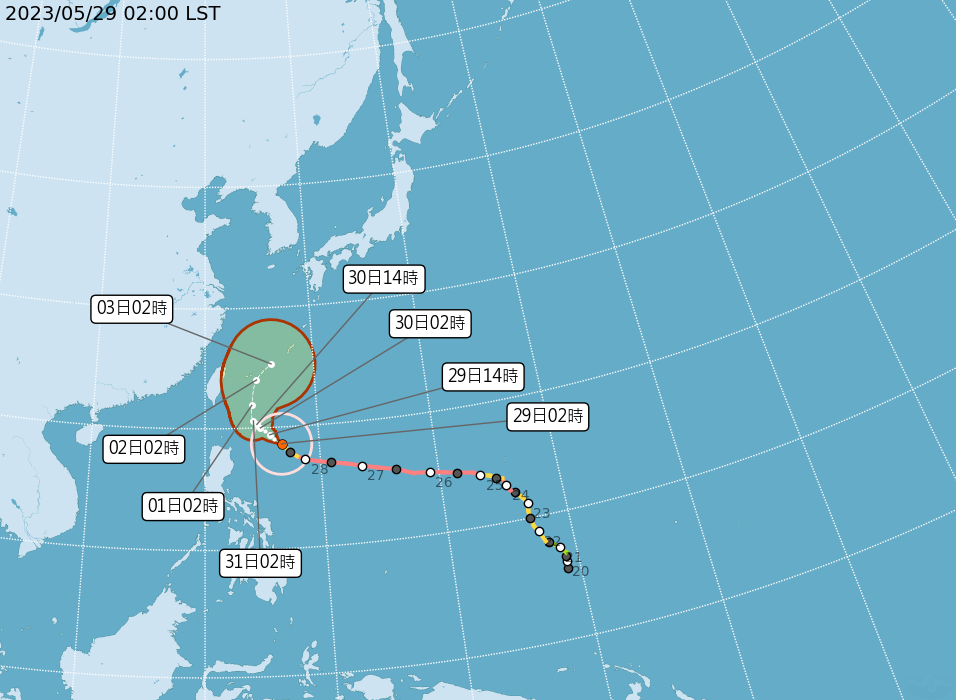 颱風外圍雲系影響，大臺北、東半部地區及恆春半島有局部短暫陣雨，其他地區為多雲到晴。（圖：氣象局網站）