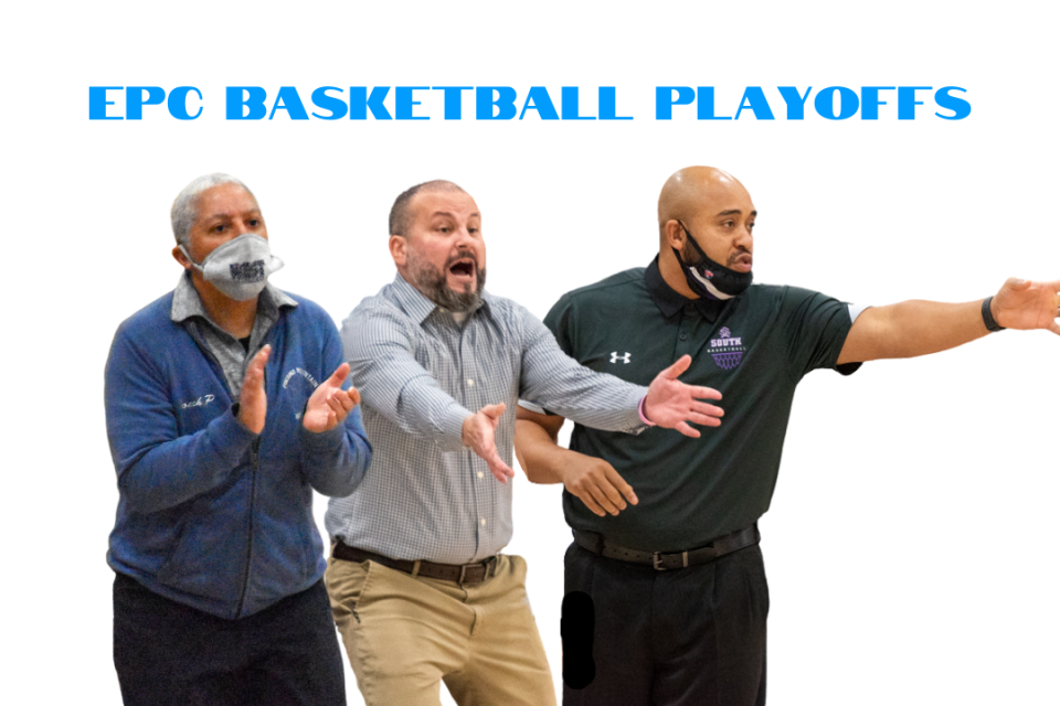 Pictured from left to right: Pocono Mountain West girls basketball coach Chrissy Campos, West boys basketball coach Rich Williams and East Stroudsburg South boys basketball coach Shawn Munford. West girls host Parkland for the EPC quarterfinals, and West boys host South.