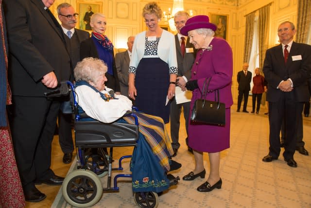 The Queen chatting to 92-year-old Tulla Gobey