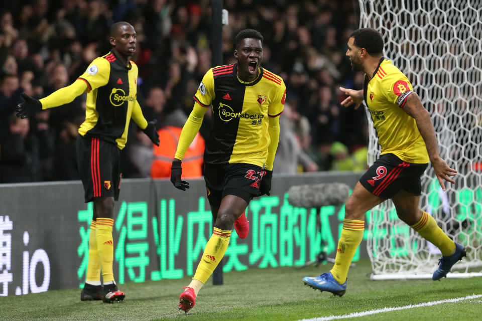 WATFORD, ENGLAND - FEBRUARY 29: Ismaila Sarr of Watford celebrates scoring the opening goal during the Premier League match between Watford FC and Liverpool FC at Vicarage Road on February 29, 2020 in Watford, United Kingdom. (Photo by Charlotte Wilson/Offside/Offside via Getty Images)