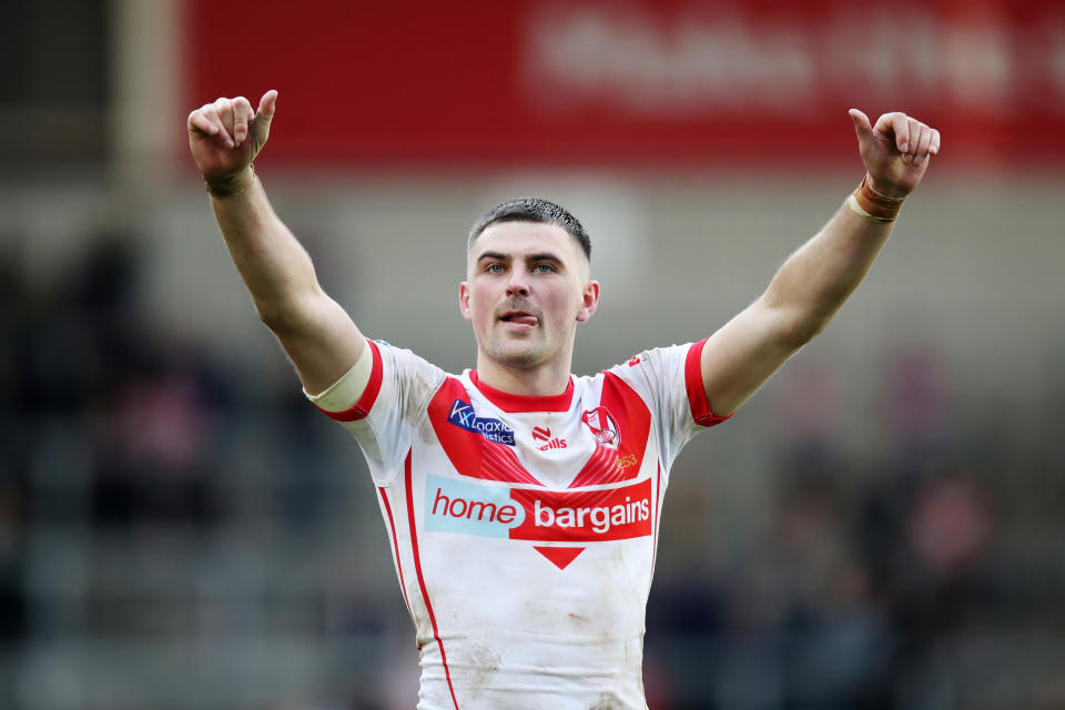 ST HELENS, ENGLAND - MARCH 29: Lewis Dodd of St.Helens celebrates after the team's victory following the Betfred Super League match between St Helens and Wigan Warriors at Totally Wicked Stadium on March 29, 2024 in St Helens, England. (Photo by Jess Hornby/Getty Images)