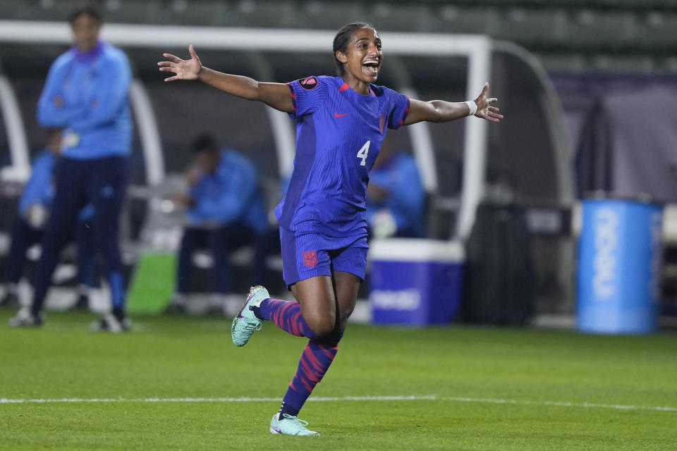 U.S. defender Naomi Girma reacts after a goal by forward Jaedyn Shaw against Argentina during the first half of a CONCACAF Gold Cup women's soccer tournament match Friday, Feb. 23, 2024, in Carson, Calif. (AP Photo/Ryan Sun)