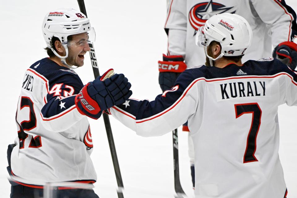 Columbus Blue Jackets center Alexandre Texier (42) celebrates a goal by center Sean Kuraly (7) against the Anaheim Ducks during the third period of an NHL hockey game in Anaheim, Calif., Wednesday, Feb. 21, 2024. (AP Photo/Alex Gallardo)