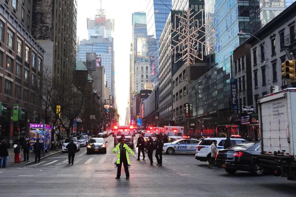 Police and fire crews block off the streets near the New York Port Authority in New York City (REUTERS)