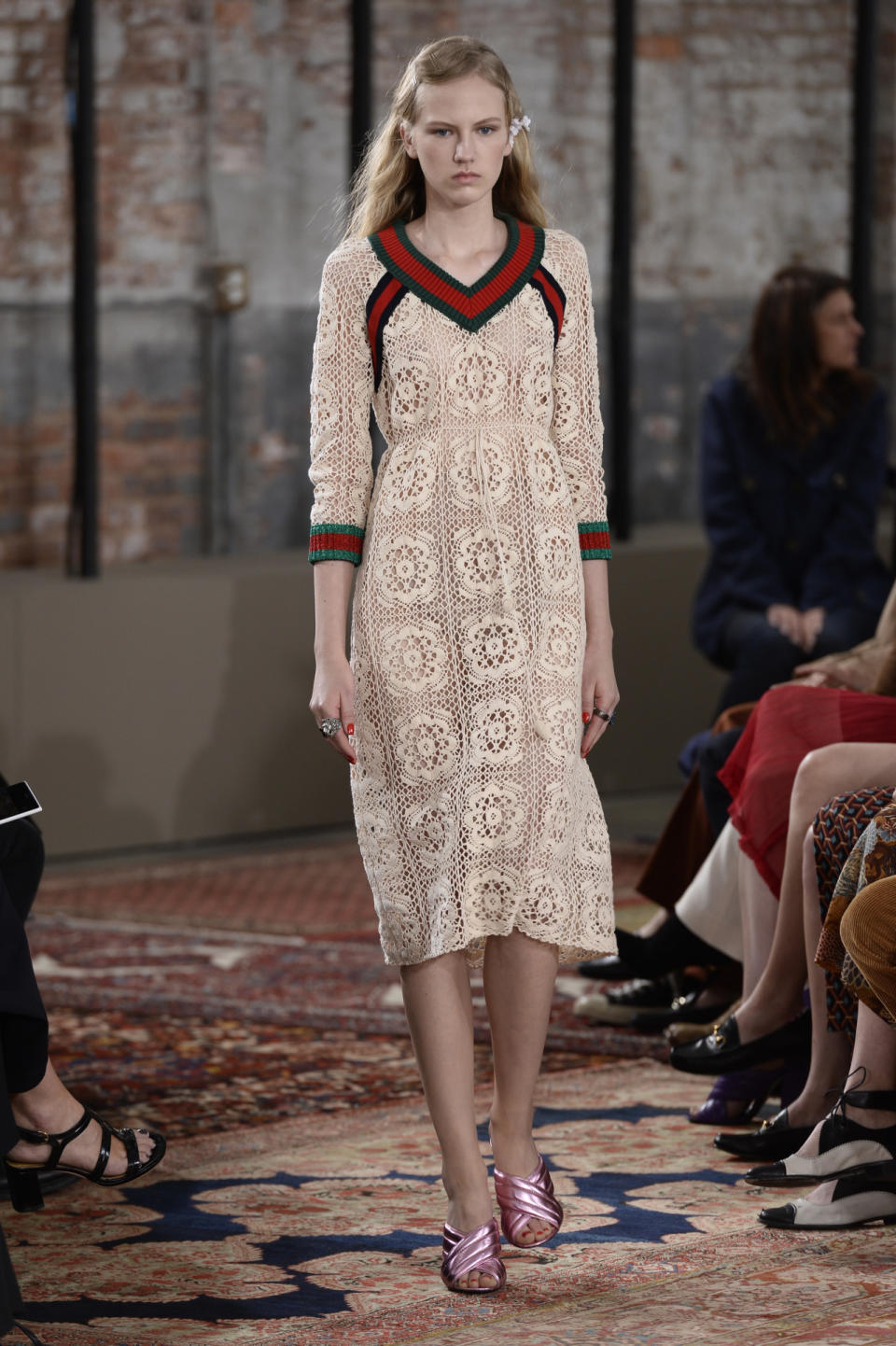 A crochet dress with Gucci’s signature stripes at the Resort show.