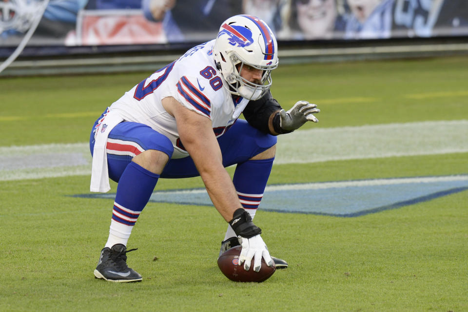 Buffalo Bills center <a class="link " href="https://sports.yahoo.com/nfl/players/28437" data-i13n="sec:content-canvas;subsec:anchor_text;elm:context_link" data-ylk="slk:Mitch Morse;sec:content-canvas;subsec:anchor_text;elm:context_link;itc:0">Mitch Morse</a> (AP Photo/Mark Zaleski)