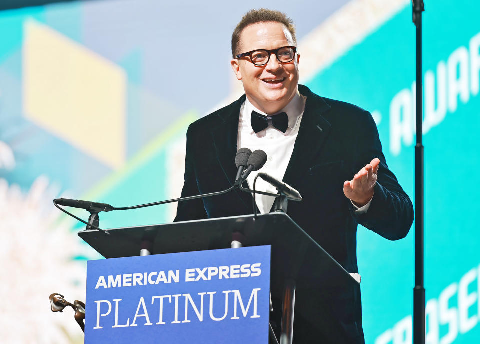 Brendan Fraser accepts the Spotlight Award at the 34th Annual Palm Springs International Film Awards. (Matt Winkelmeyer / Getty Images for Palm Springs International Film Society)