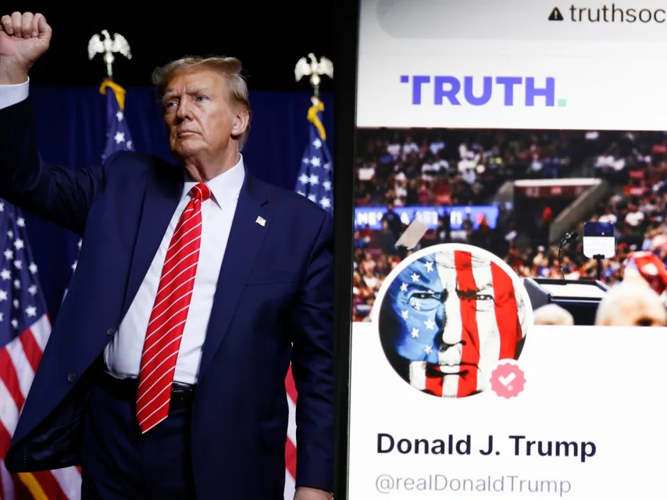 Donald Trump and a screenshot of his Truth Social account