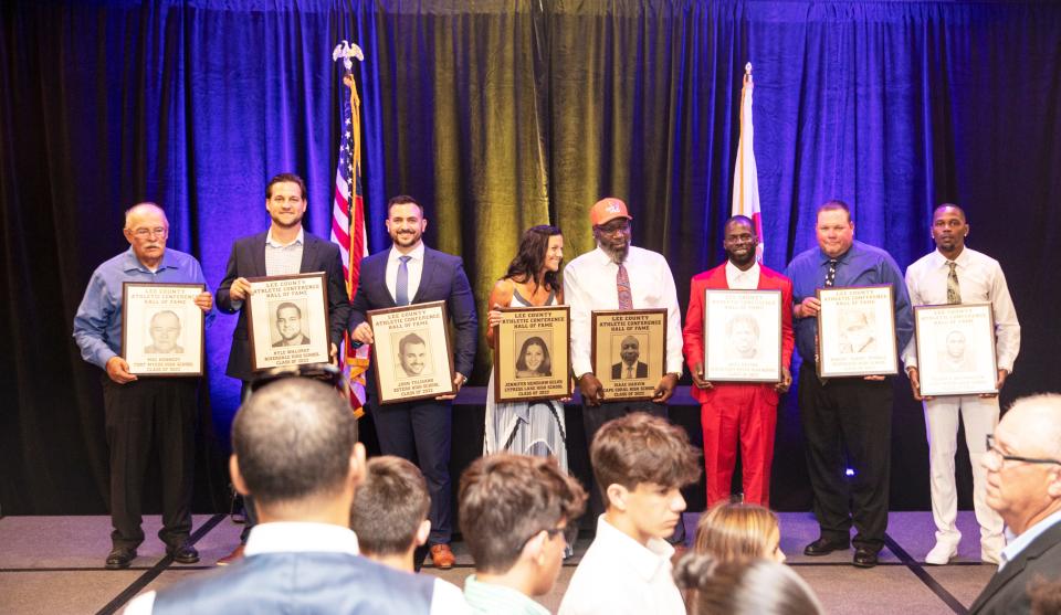 From left, the 2022 Lee County Athletic Conference Hall of Fame recipients, swim coach, Mac Kennedy, Kyle Waldrop, Riverdale baseball, John Tolisano, Estero baseball, Jennifer Henshaw-Seluk, Cypress Lake swimmer, Isaac Harvin, Cape High football and track, Noel Devine, North High football, Robert "Bobby" Pringle, Riverdale High baseball coach and Richard Washington, Fort Myers High football.