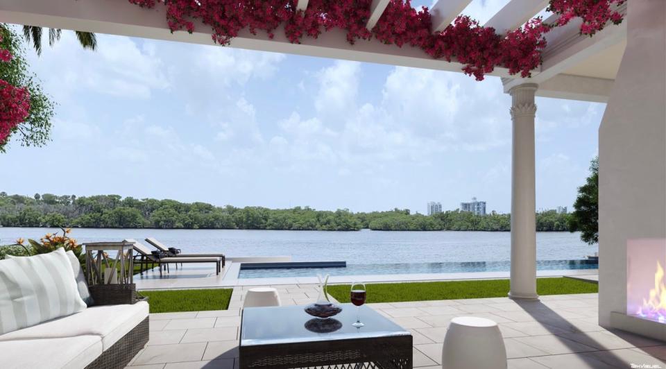 A rendering shows the view of the Intracoastal Waterway from a pergola-covered patio designed for a lakefront house under renovation at 500 Regents Park Road in Palm Beach. The house has been listed for sale at $40 million.