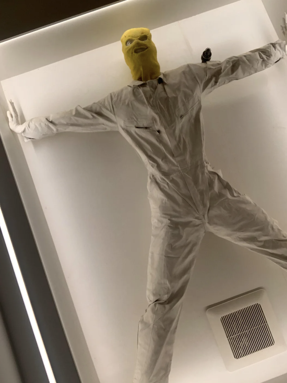 Figure in white protective suit and mask pressed against a translucent surface from below