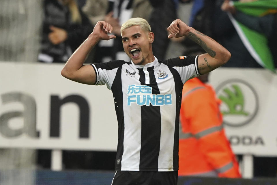 Newcastle United's Bruno Guimaraes celebrates scoring during the English Premier League soccer match at St. James' Park, Newcastle upon Tyne, England, Monday May 16, 2022. (Owen Humphreys/PA via AP)