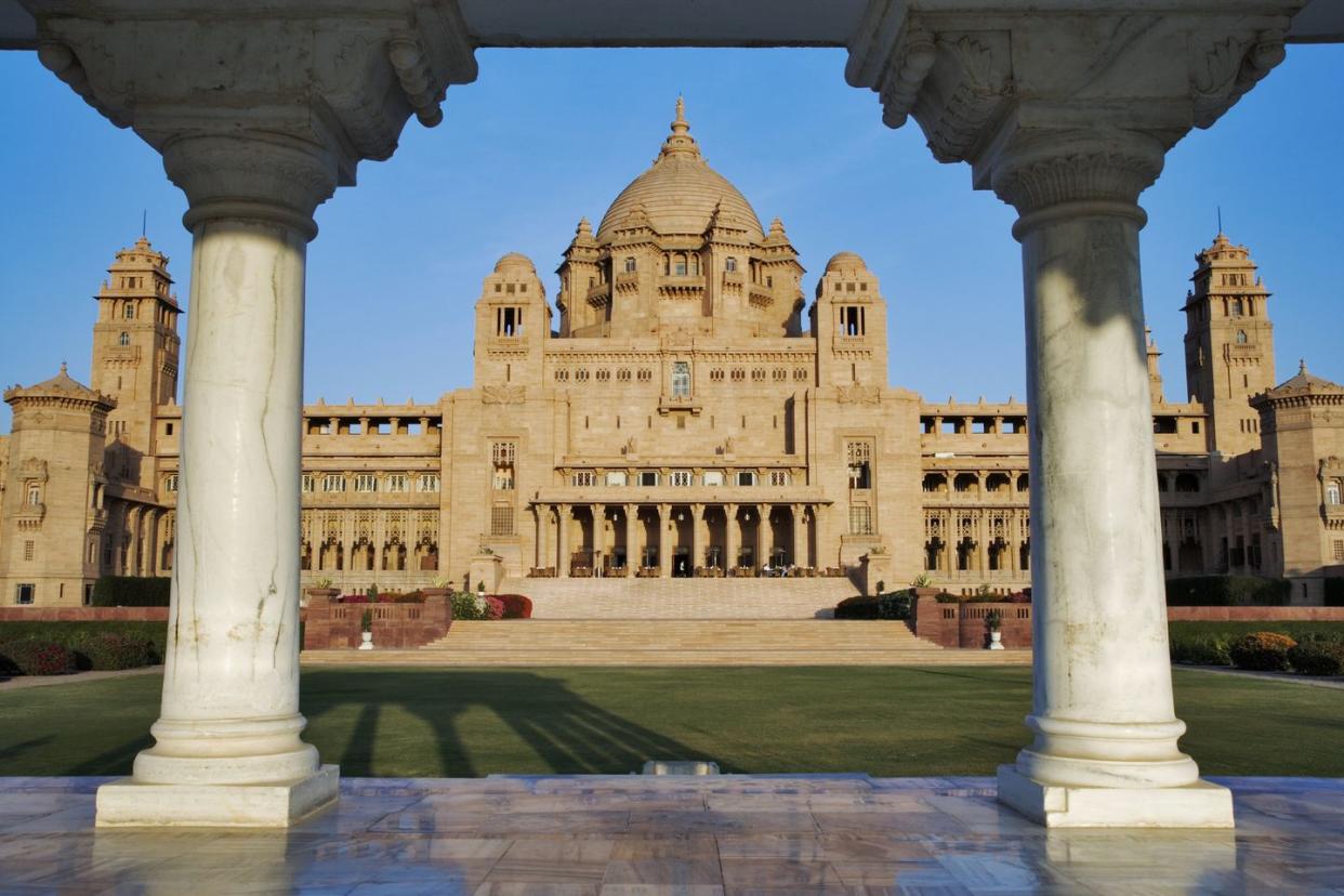 exterior view of the ultra luxurious umaid bhwan palace part of the taj hotel group jodhpur, india