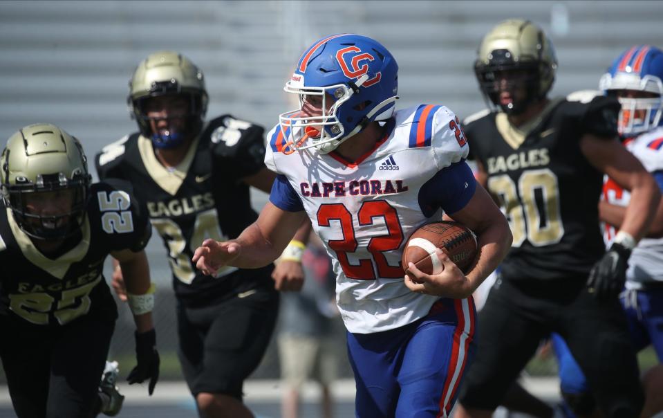 Gateway hosts Cape Coral in a high school football matchup on Monday, Sept. 5, 2022, at Gateway High School. The game was delayed by storms on Friday night.