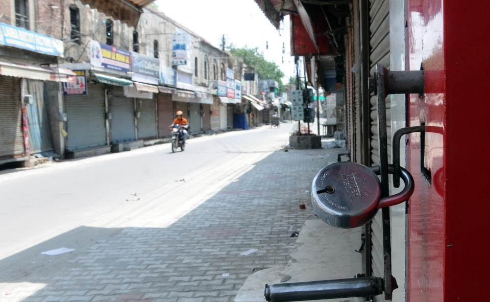 PATIALA, INDIA - JUNE 14: Shops closed in Adalat Bazar as part of lockdown norms for weekends and public holidays imposed by Punjab government as preventive measures against the coronavirus, on June 14, 2020 in Patiala, India. (Photo by Bharat Bhushan/Hindustan Times vis Getty Images)