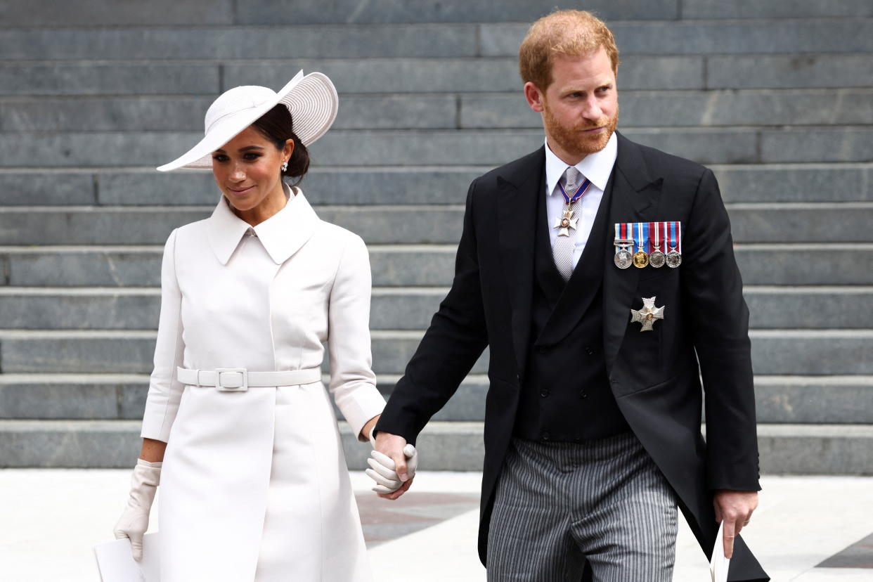 The Duke and Duchess of Sussex leaving following the National Service of Thanksgiving at St Paul's Cathedral, London, on day two of the Platinum Jubilee celebrations for Queen Elizabeth II. Picture date: Friday June 3, 2022.