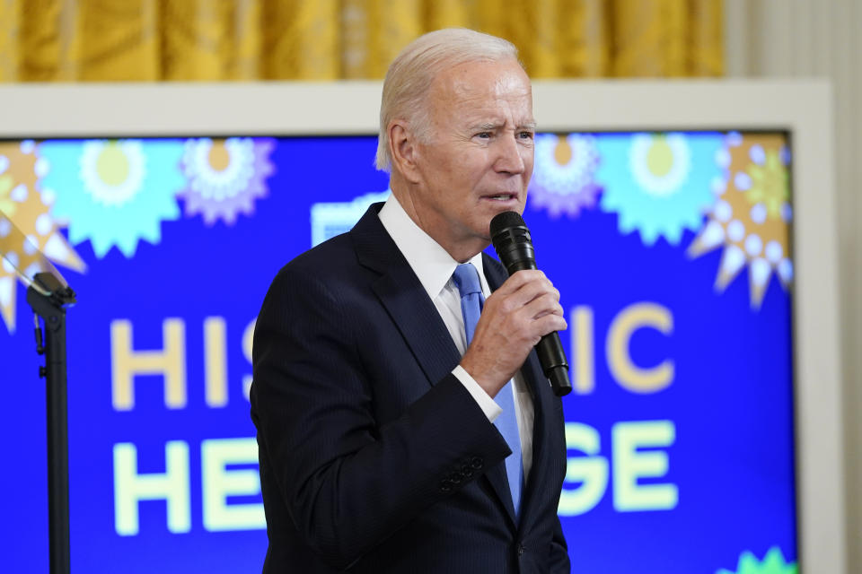 FILE - President Joe Biden speaks during a reception in the East Room of the White House for Hispanic Heritage Month in Washington, Sept. 30, 2022. Biden's past missteps when courting Hispanic voters have some activists worried that his reelection campaign won't get crucial details right before the 2024 election. Biden's supporters counter that Democrats maintain an advantage on policies that matter to Hispanic voters. (AP Photo/Susan Walsh, File)