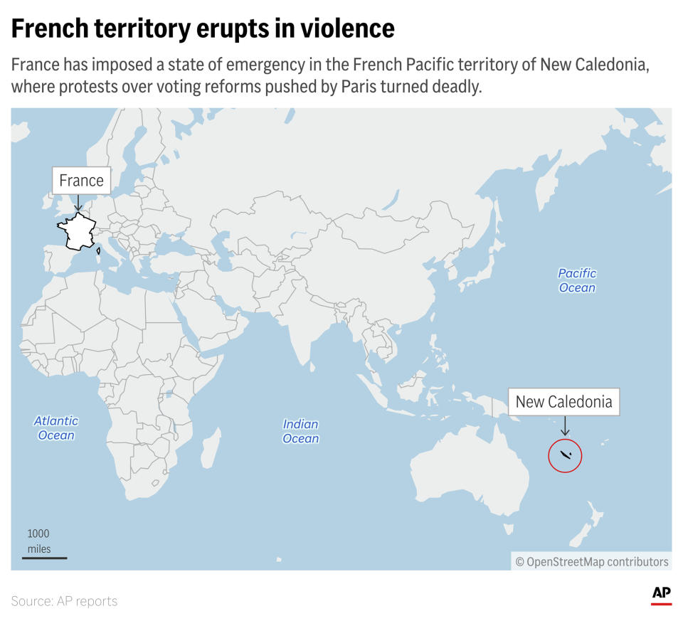 The French territory of New Caledonia has been rocked by deadly unrest, leading to a state of emergency imposed by Paris. (AP Graphic)