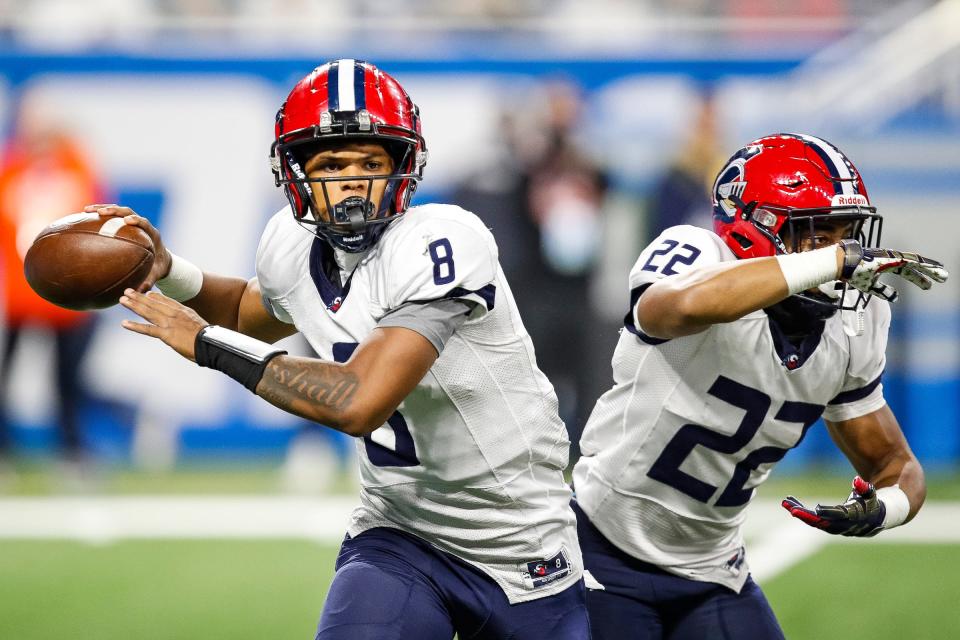 Southfield A&T quarterback Isaiah Marshall makes a pass against Belleville during the first half of the Division 1 state final at Ford Field in Detroit on Sunday, Nov. 26, 2023.