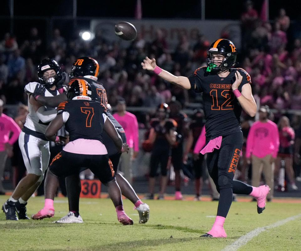 Spruce Creek's QB Luke Smith (12) looks to pass during a game with New Smyrna Beach at Spruce Creek High School in Port Orange, Friday, Oct. 20, 2023.