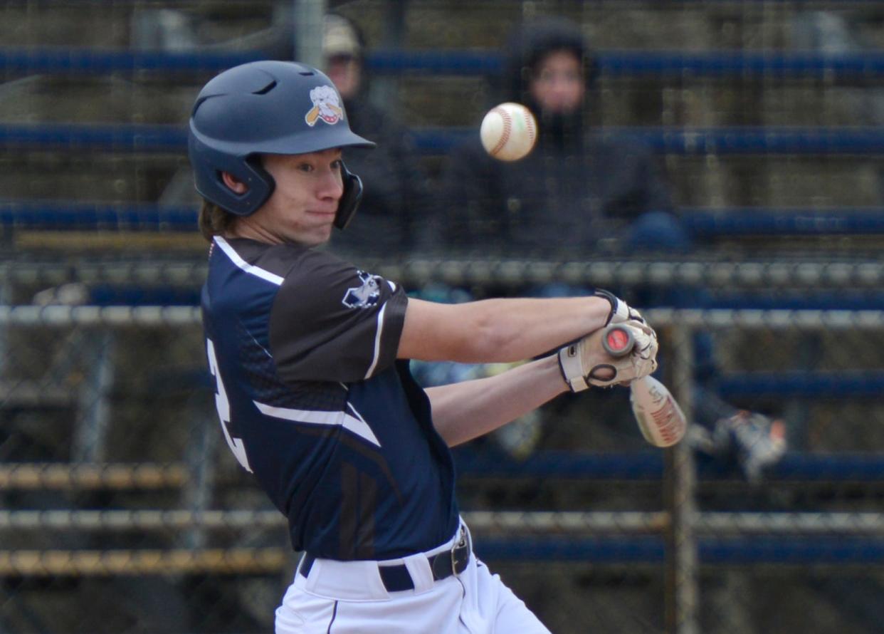 HARWICH -- 04/17/24 -- Monomoy's Reign Stephens swings at a second inning pitch. 
Monomoy Regional High School hosted St. John Paul II School in baseball action Thursday morning in Harwich. 
Merrily Cassidy/Cape Cod Times