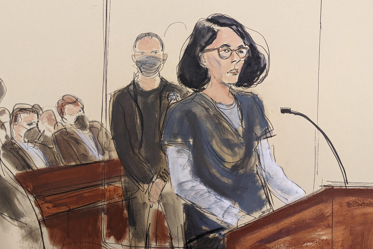 In this courtroom sketch, Ghislaine Maxwell givers her statement in federal court, in New York, Tuesday. June 28, 2022. Maxwell has been sentenced to 20 years in prison for helping the wealthy financier Jeffrey Epstein sexually abuse teenage girls. (AP Photo/Elizabeth Williams)