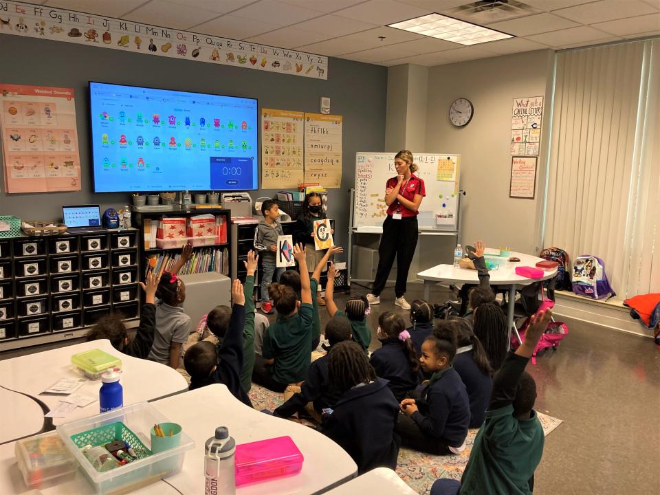 Nashville Collegiate Prep teacher Summer Sutphin leads small-group language instruction for first-graders Wednesday (Dec. 1, 2021) at the public charter school on Bell Road in southeast Davidson County.