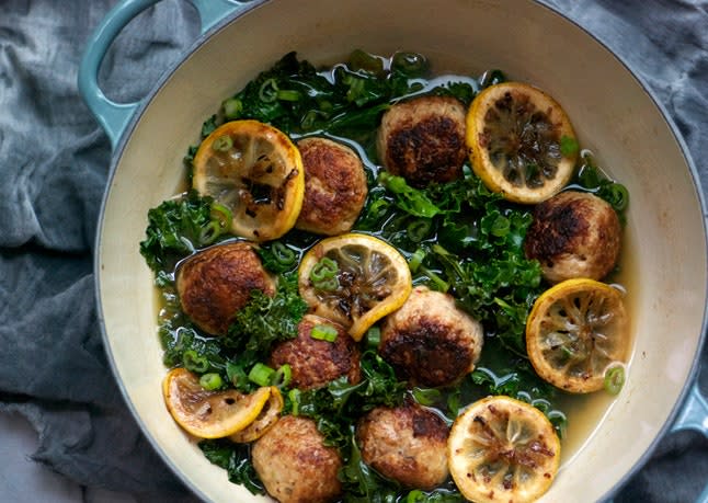 Gluten-Free Chicken Meatballs with Braised Lemon and Kale