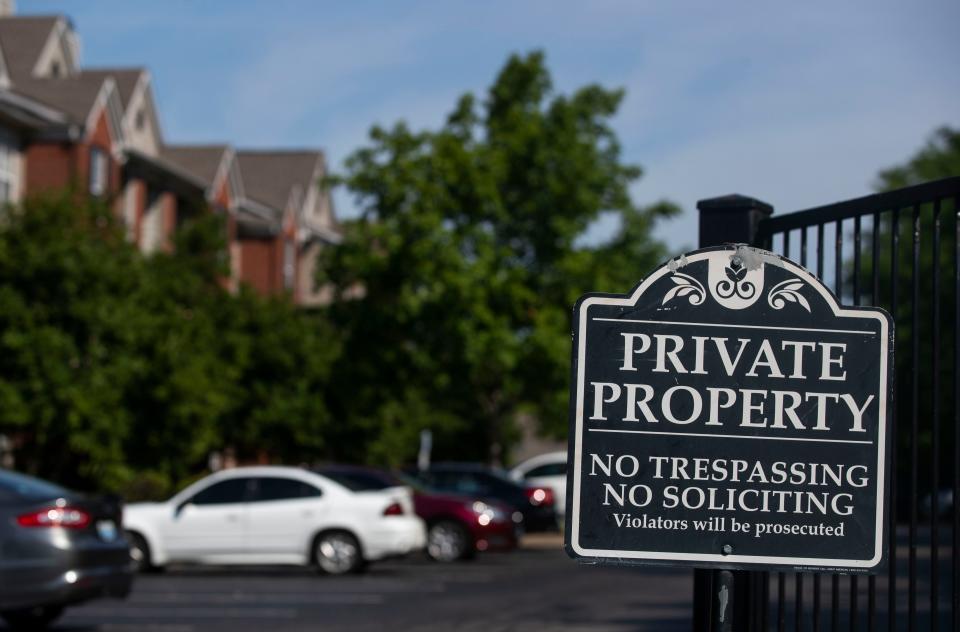 A sign warns of No Trespassing at Oxmoor Apartment Homes that is just north of St. Regis Park. Two men were found dead Thursday evening in a bottom unit at the apartment complex in the 7400 block of Steeplecrest Circle. LMPD says investigation is ongoing and there are no arrests yet. July 1, 2022