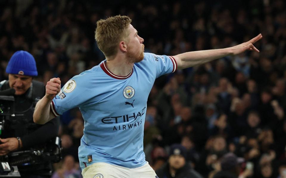 Manchester City's Kevin De Bruyne celebrates scoring their third goal - REUTERS/Phil Noble