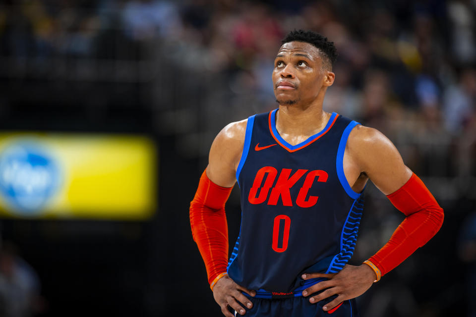 INDIANAPOLIS, IN - MARCH 14:  Russell Westbrook #0 of the Oklahoma City Thunder looks on against the Indiana Pacers on March 14, 2019 at Bankers Life Fieldhouse in Indianapolis, Indiana. NOTE TO USER: User expressly acknowledges and agrees that, by downloading and or using this Photograph, user is consenting to the terms and conditions of the Getty Images License Agreement. Mandatory Copyright Notice: Copyright 2019 NBAE (Photo by Zach Beeker/NBAE via Getty Images)