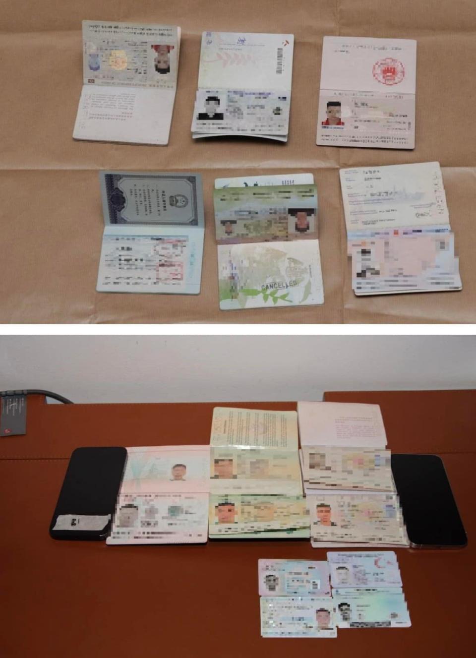 Passports seized by the Singapore police of suspected money launderers and forgers